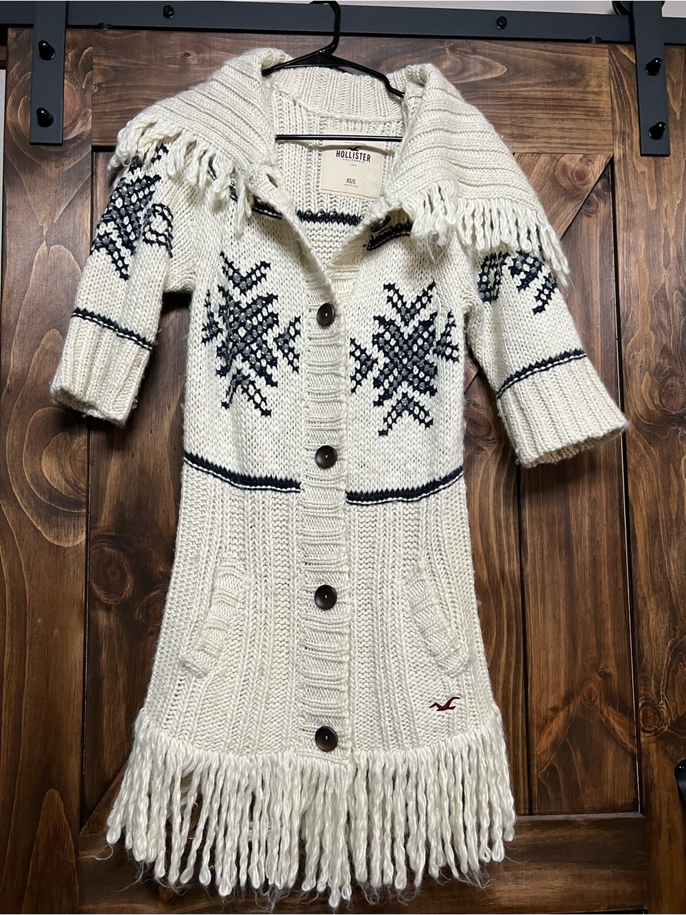 Hollister Vintage Y2K Fair Isle Fringe Cardigan Sweater Coat Wool Blend XS/S